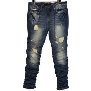 HERITAGE AMERICA Men's Heavy Distressed Moto Jeans, Stacked Leg Detail, 38 X 34